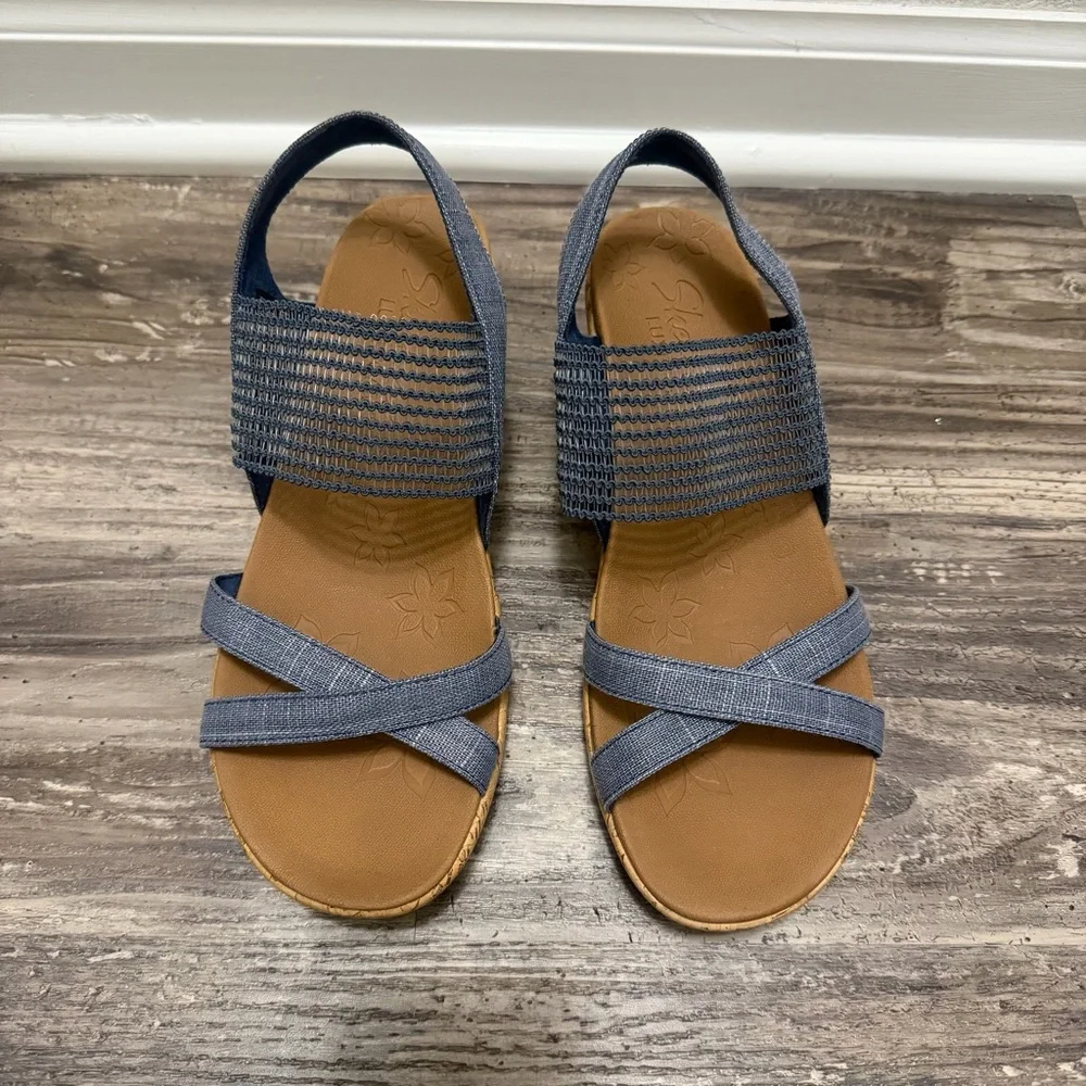 Skechers Beverlee-High Tea Luxe Foam Blue Denim Cork Heel Wedge Sandals Size 8